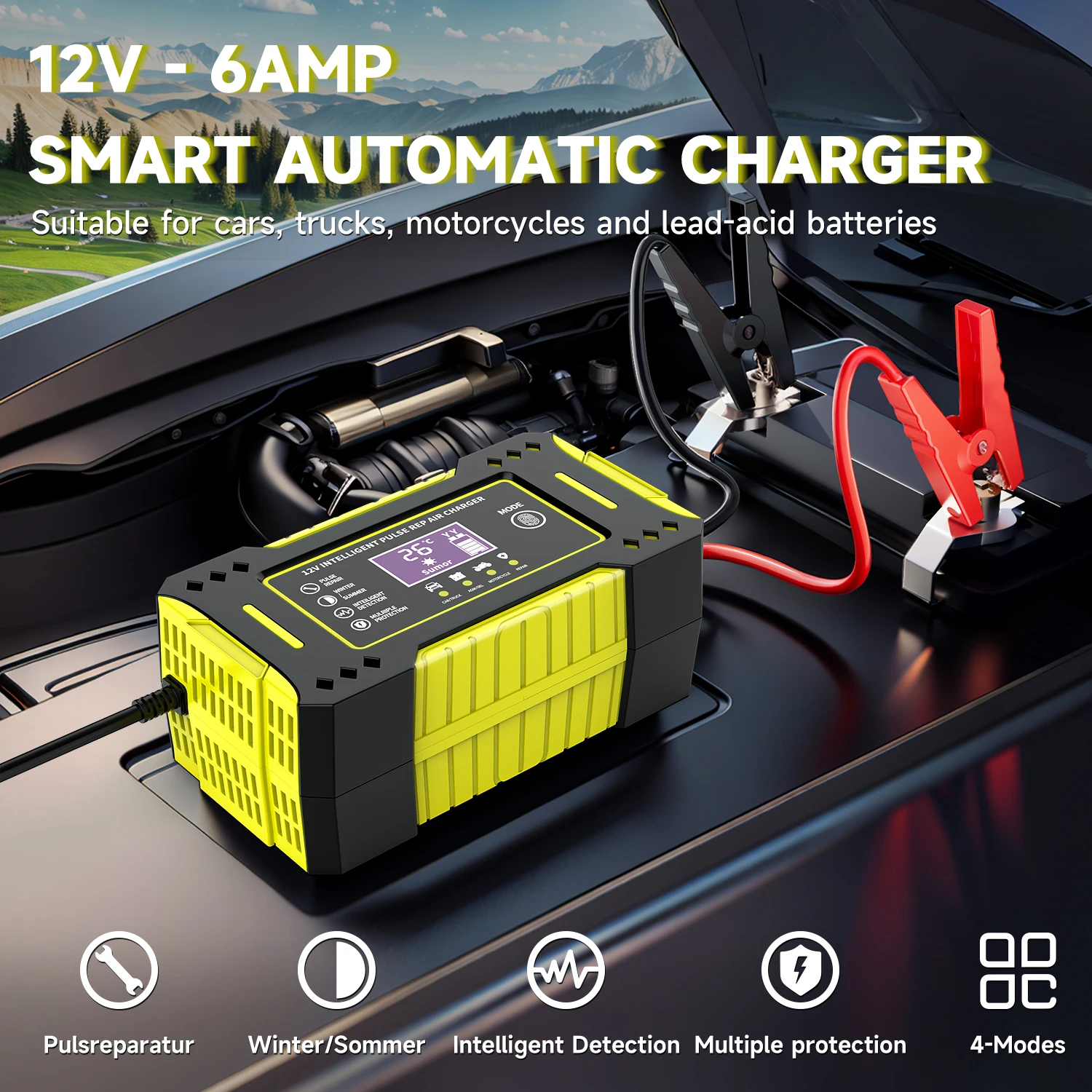 6A 12V Repair LCD Display Intelligent Car Battery Charger Car and Motorcycle Battery Charging Unit Lead-Acid Battery