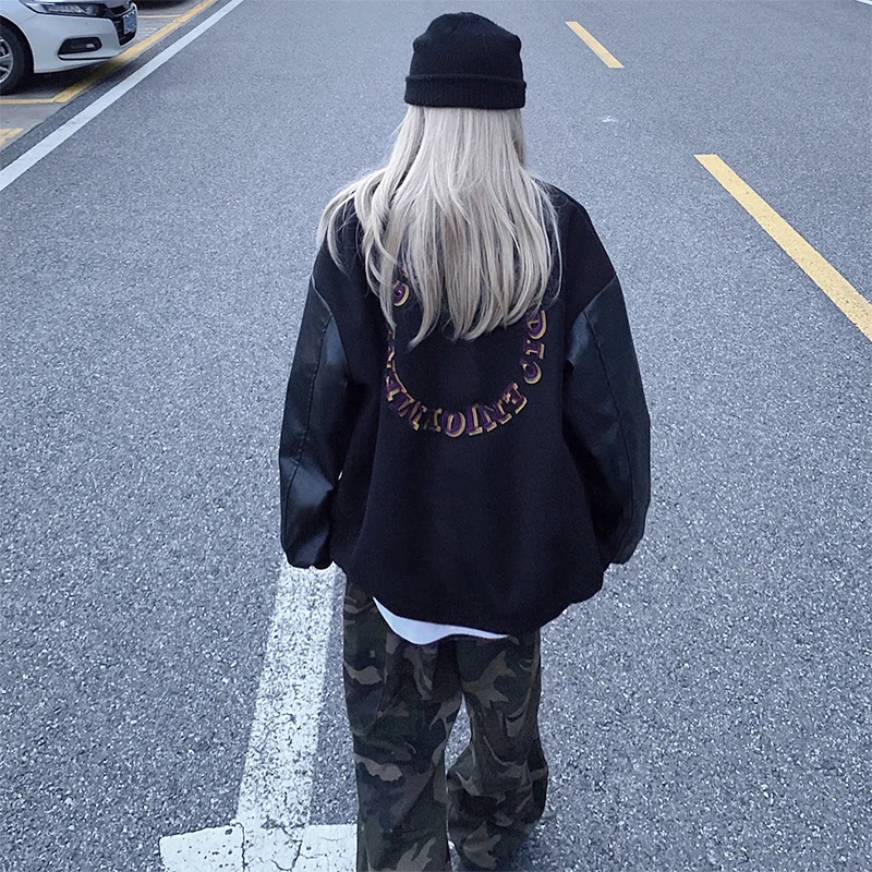 PU Leather Bomber Jacket Women's Autumn Korean Stitched Baseball Uniform Suit Ins Man Couple Harajuku Loose Casual Jacket Coat