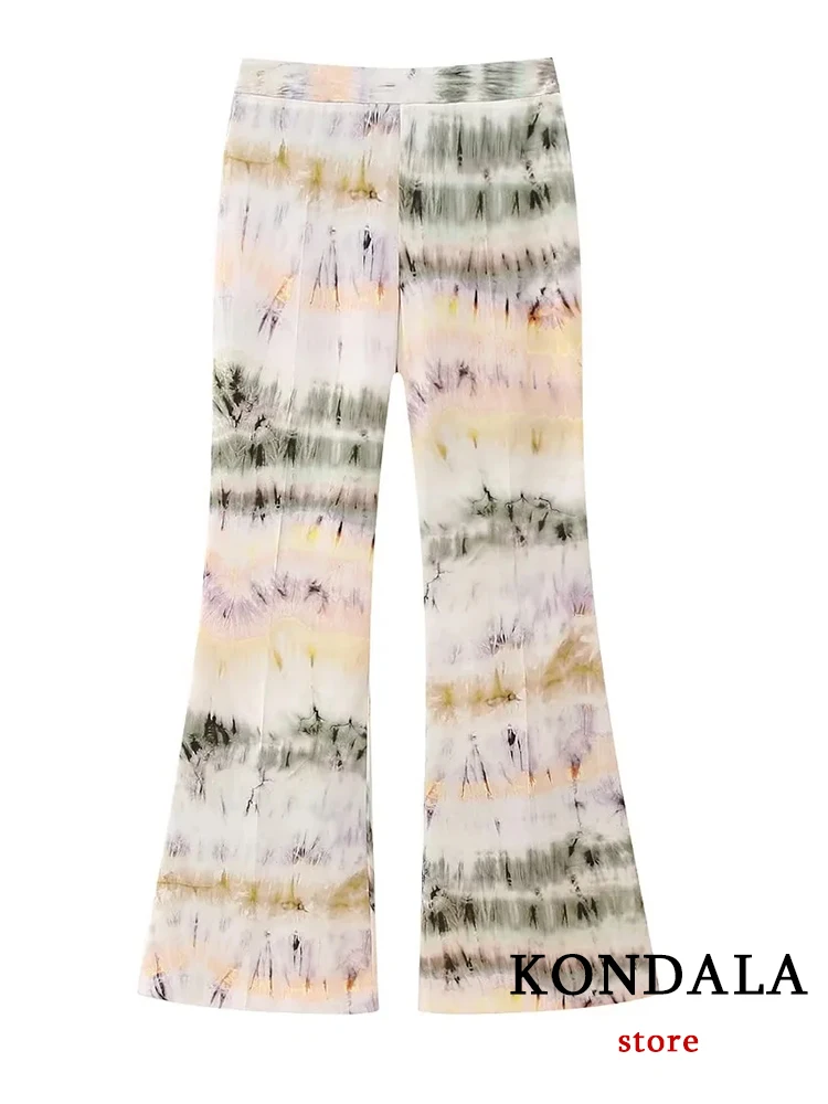 KONDALA Vintage Tie Dye Print garnitury damskie z długim rękawem luźne koszulki + wysoki stan spodnie Flare modne 2023 letnie zestawy Boho