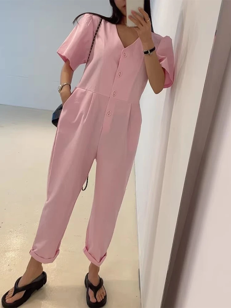 

Anti-Aging Single Button Pleated Jumpsuit Women's Summer New Loose ort Sve Casual Long Pants Wide Leg Pants High Waist