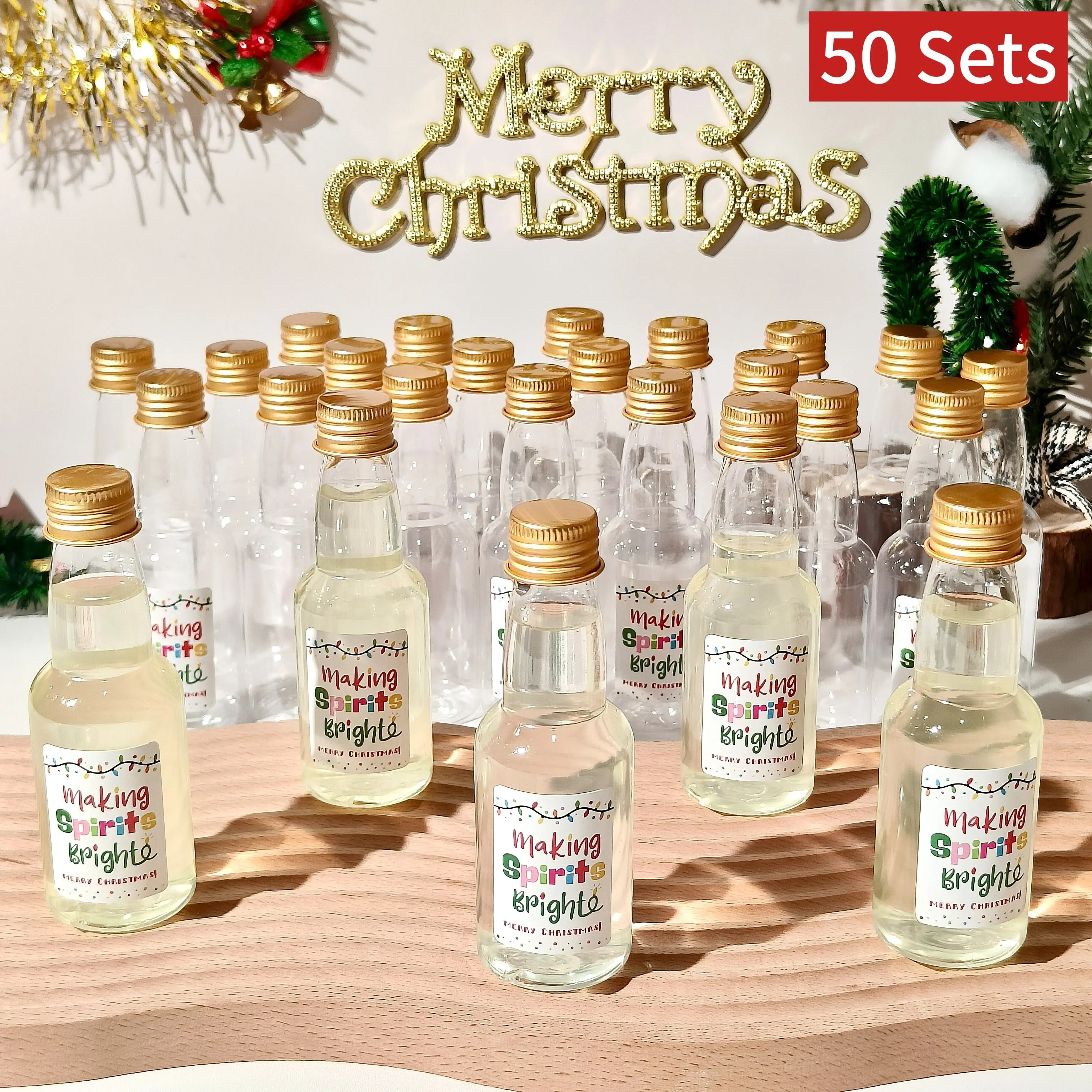 50 juegos de Mini botellas de licor, paquetes de recuerdos de fiesta de Navidad, botellas reutilizables de decoración navideña de 1,7 oz/60ml para regalos de fiesta de Navidad