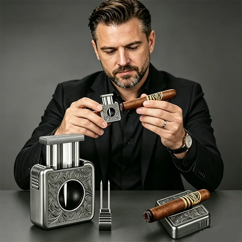 Cortador de cigarros, cortador de cigarros multifunción 4 en 1 en forma de V, acero inoxidable, accesorios para cigarros, punzón para cigarros