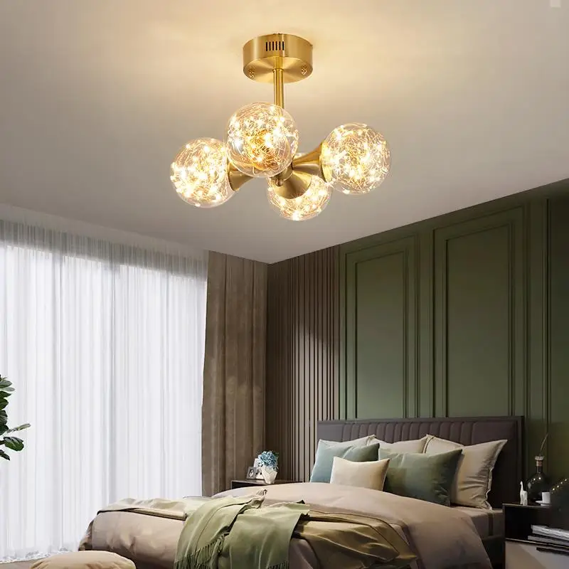 

Nordic Led Copper Golden Lustre Ceiling Lamp Luxury Gypsophila Glass Ball Chandelier Home Decoration for Bedroom Corridor Aisle