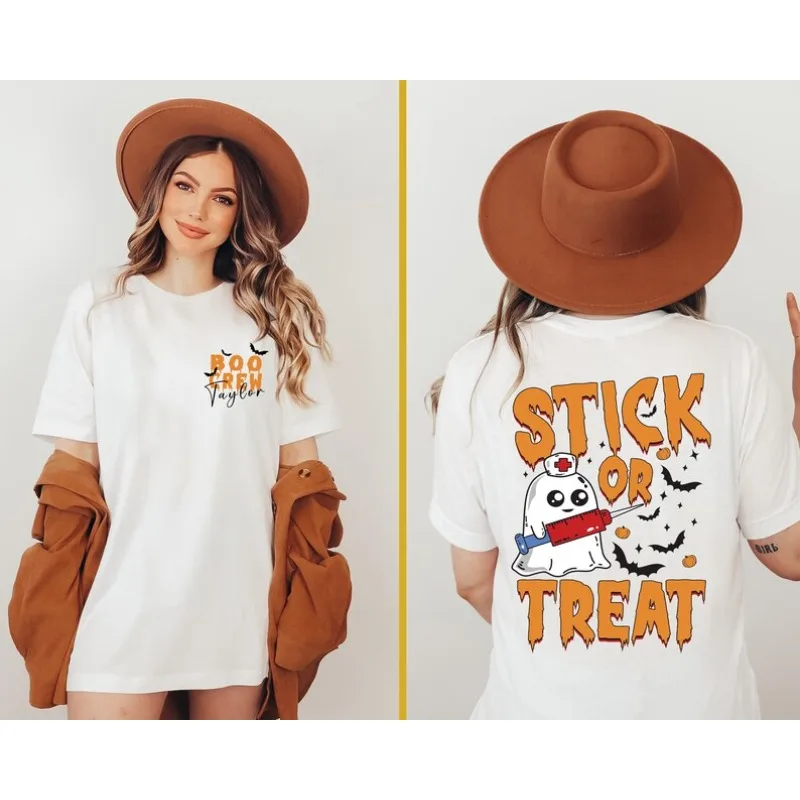 Persist or Treat Nurses Halloween T-shirts, Cute Ghost Nurse Syringe Pattern T-shirts, Horror Season Care Shirts