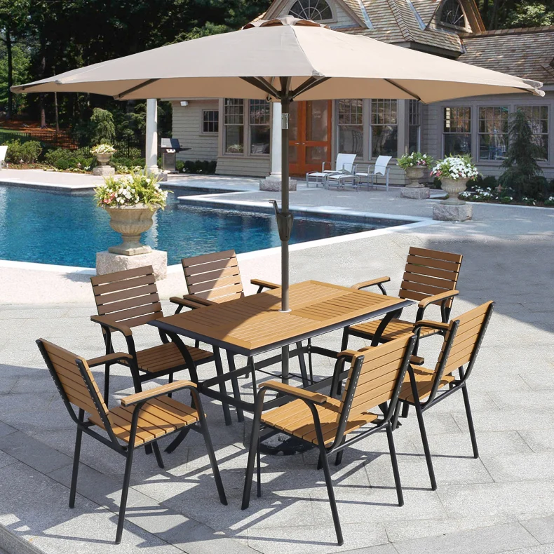 في الهواء الطلق البلاستيك طاولات خشبية الحليب الشاي متجر كراسي خارجية فناء مع مظلة شرفة المضادة للتآكل كرسي الاستجمام مقاوم للماء #2