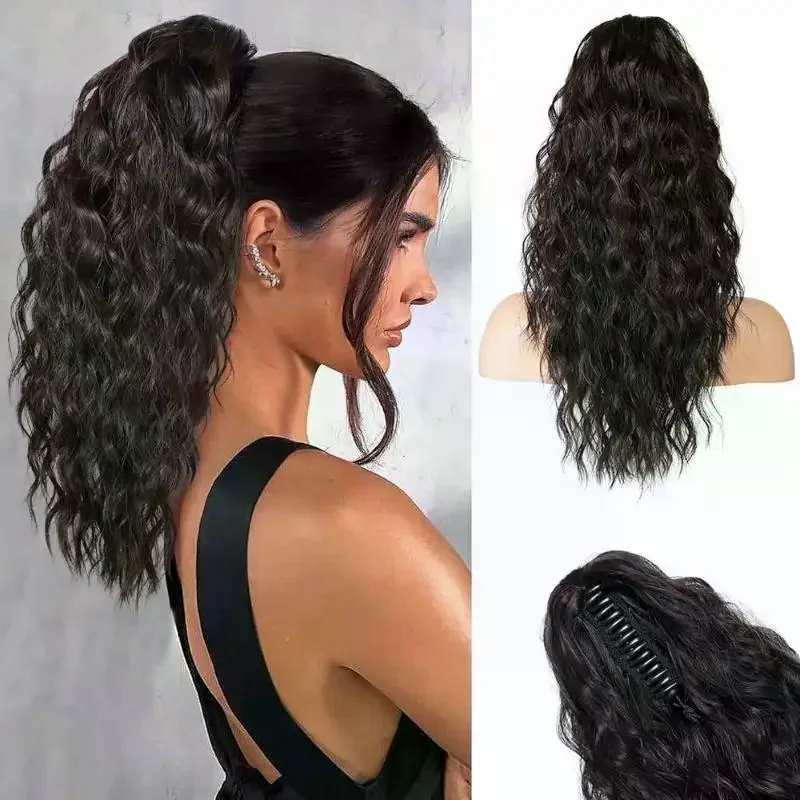 Synthetic Water Wave Long Curly Hair Claw Clip Ponytail Black Blonde Heat Resistant Fiber Fluffy Messy Extensions Style