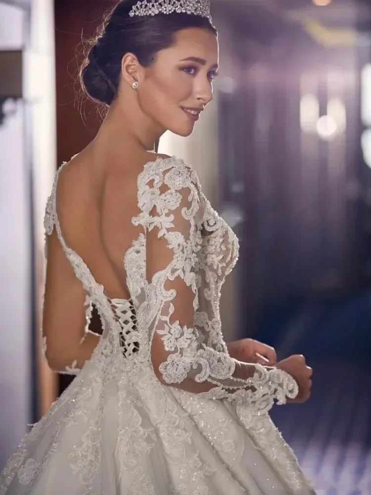 Flavinke ที่กําหนดเอง Chapel A-Line ชุดแต่งงานยาวเสื้อ \ \ \ \ \ \ \ \ \ \ \ \ \ \ \ Appliques LACE-up เจ้าหญิงชุดเจ้าสาว ...