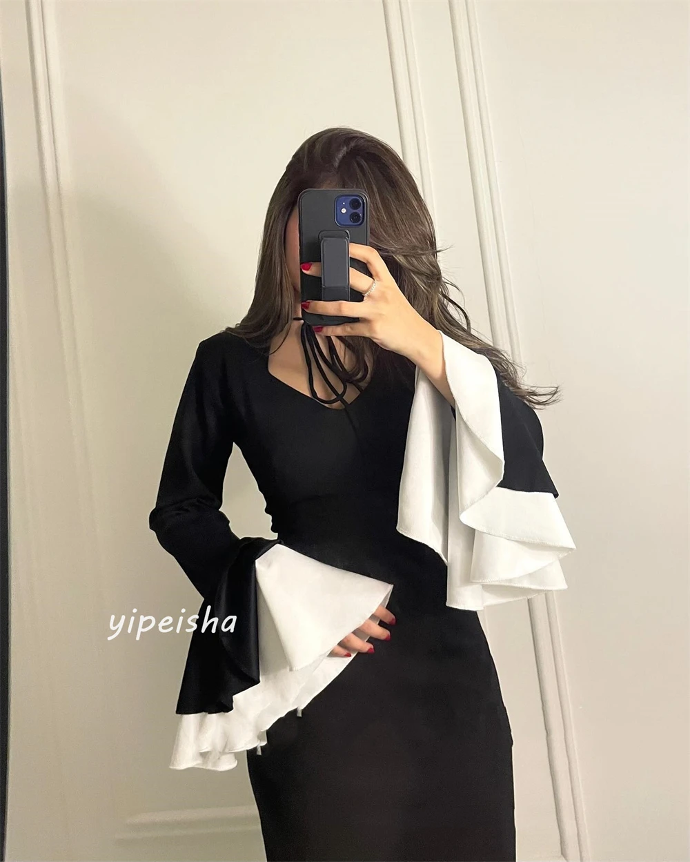 Disesuaikan Jersey Ruffles terbungkus Formal Ruched malam putri duyung V-Neck Bespoke gaun acara gaun panjang Arab Saudi