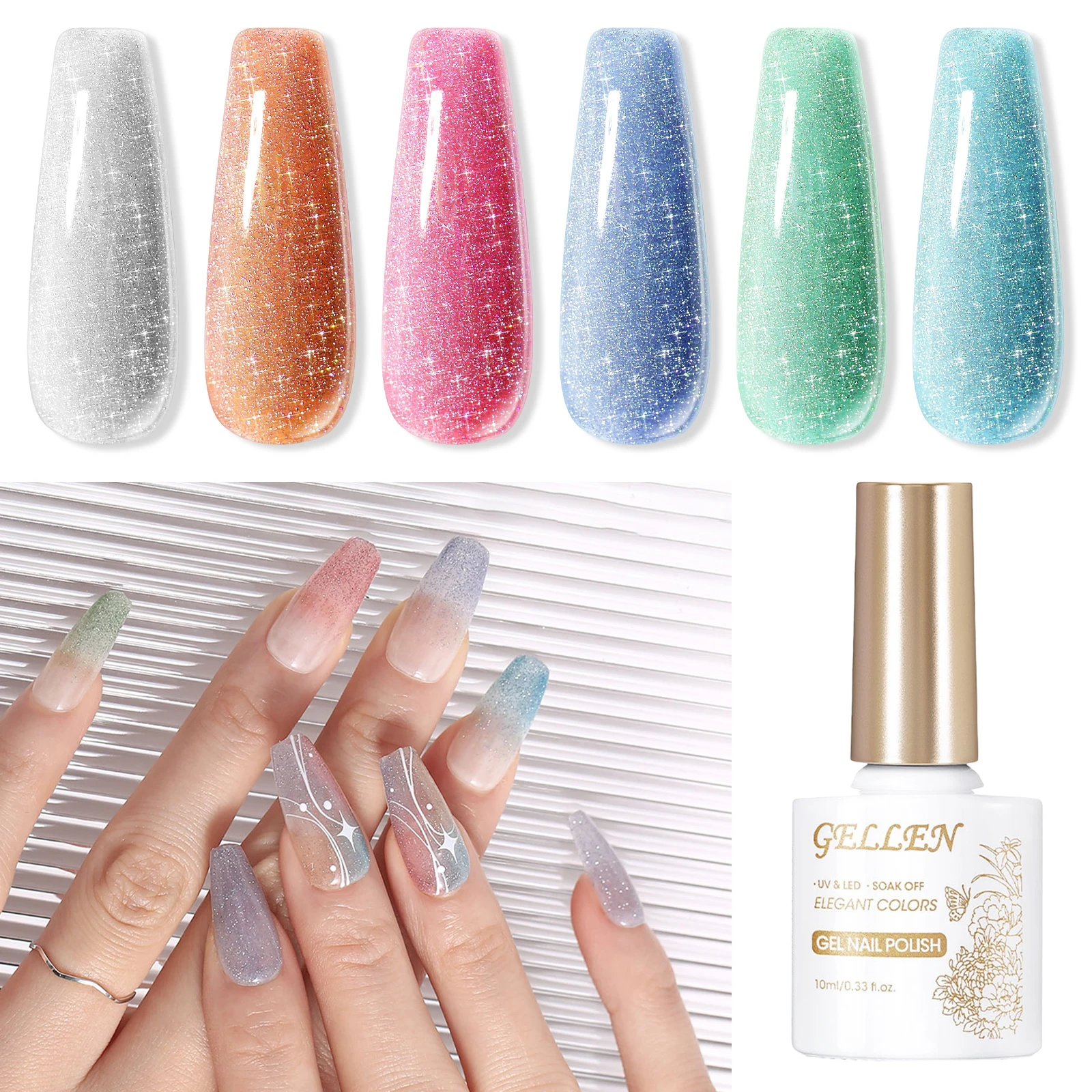 

GELLEN 10 мл Блестящий гель-лак для ногтей Набор 6 шт. Sparkle Sliver Розовый Синий Зеленый Гель-лак Набор Soak Off Lamp Cure Nail Art DIY Подарок