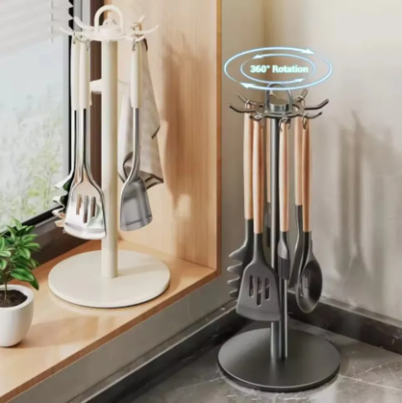 Home Kitchen Countertop Rotating Utensil Hanger Spatula Spoon Ladle Storage Shelf No-Drill Cooking Tools Organizer Stand Rack