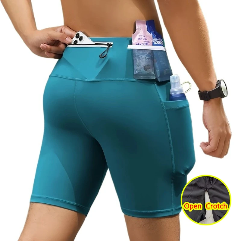 Men's Waist Bag Pouch Open Crotch Running Shorts Multi-Pockets Fitness Quick Dry Functional Bottoms Crotchless Sporty Mini Pants