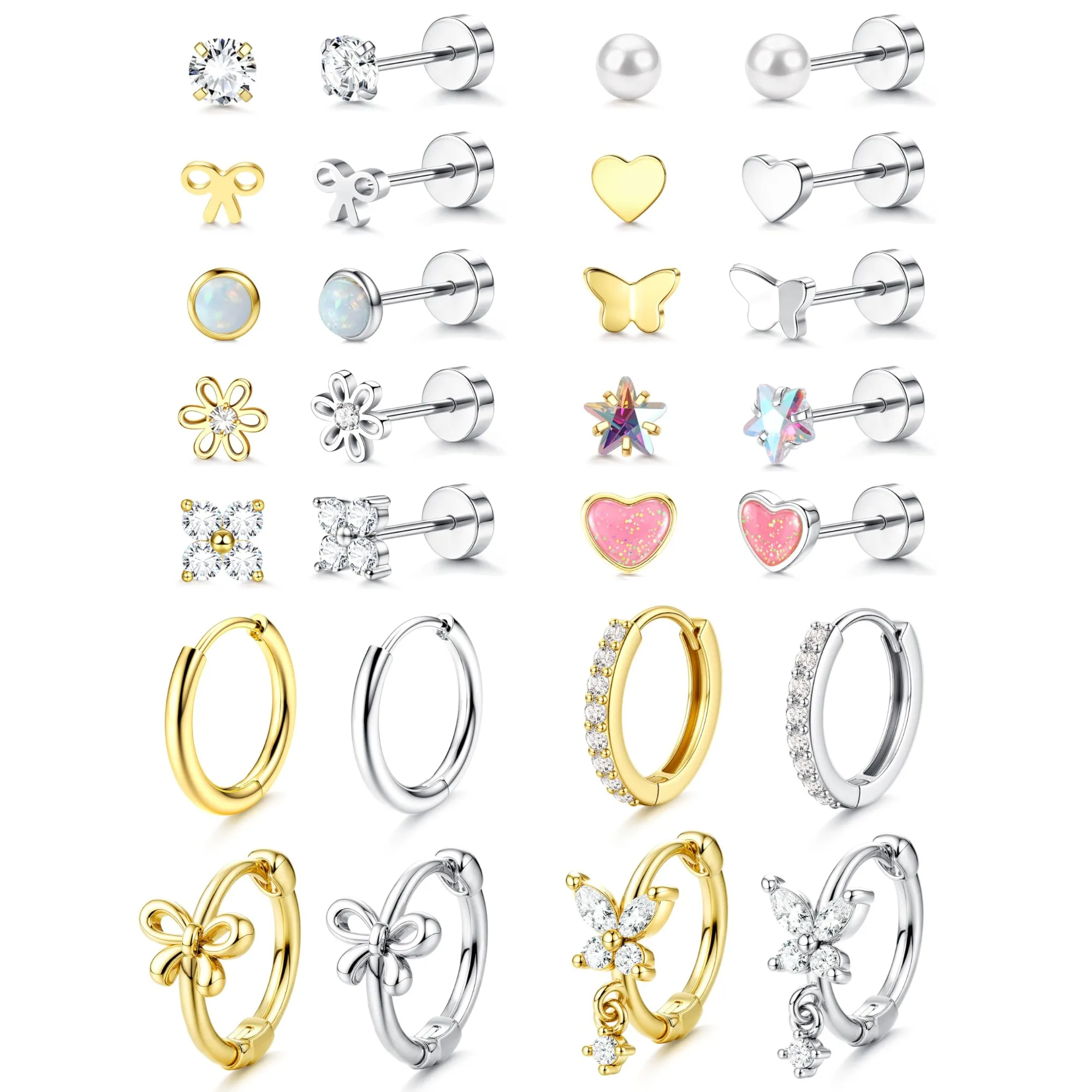 Bobisty 1Pc Hypoallergenic Flat Back Earrings for Women Surgical Steel Earrings for Sensitive Ear Cute Stud Hoop Earrings Jewel