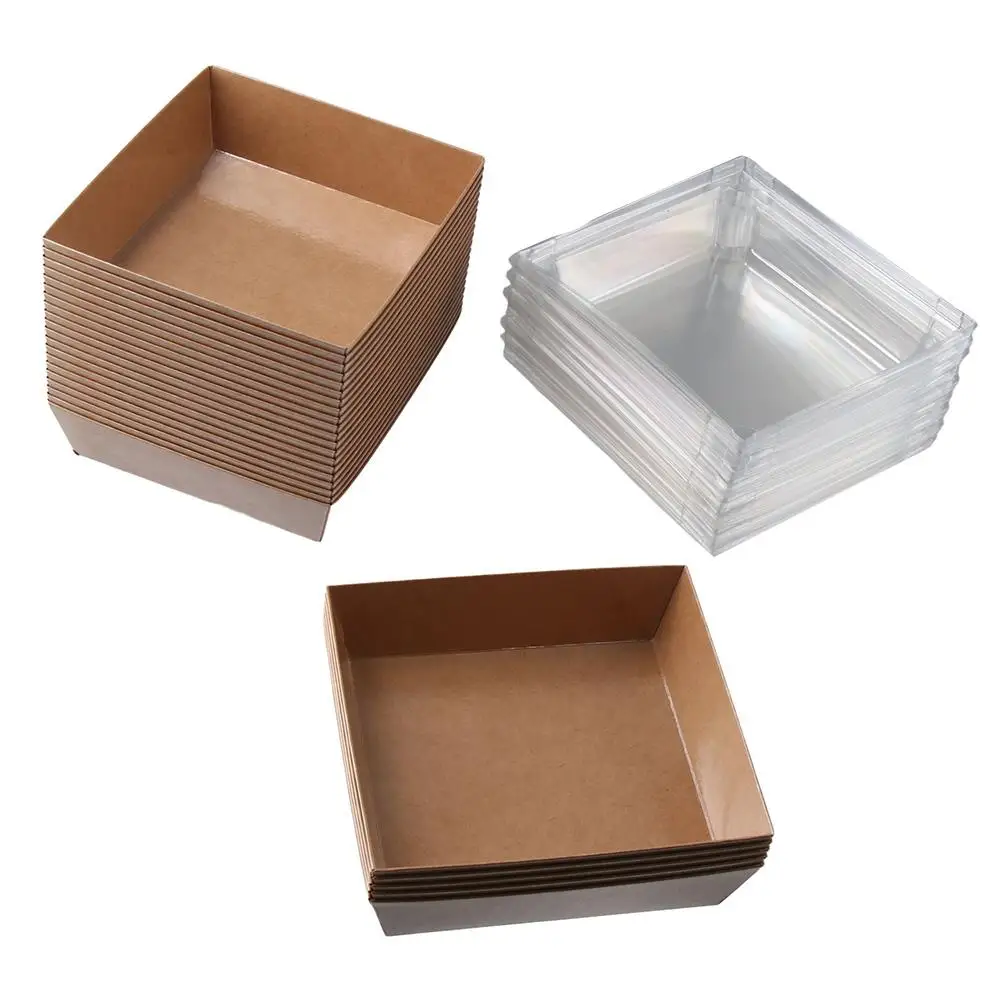 

25 Pcs with Plastic Lid Square Cake Boxes Brown White Large Capacity Food Containers Paper Cake Decorating Supplies Charcuterie