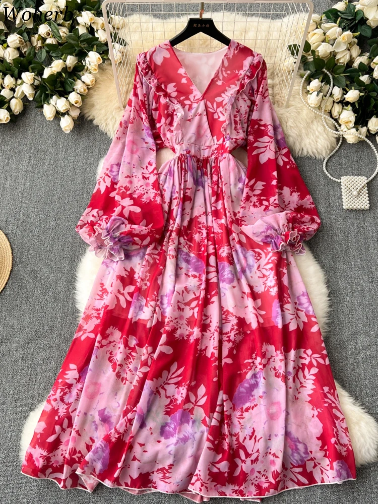 Women Temperament Maxi Dresses Vintage V-neck Print Pleated Tunic Party Dress Autumn Bohemian Fashion 2024 Vestidos De Mujer WJ