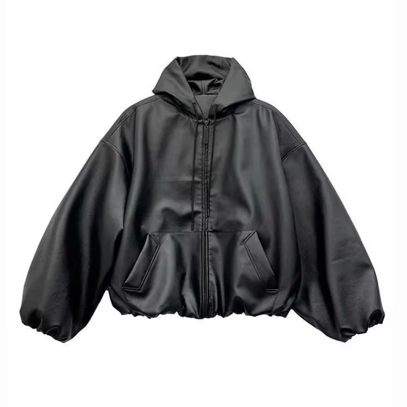 KIDWHXR Man Jacket Autumn Streetwear Windproof Male Hooded Leather Coat Motorcycle Punk Long Sleeve Loose Casual Men Outerwear