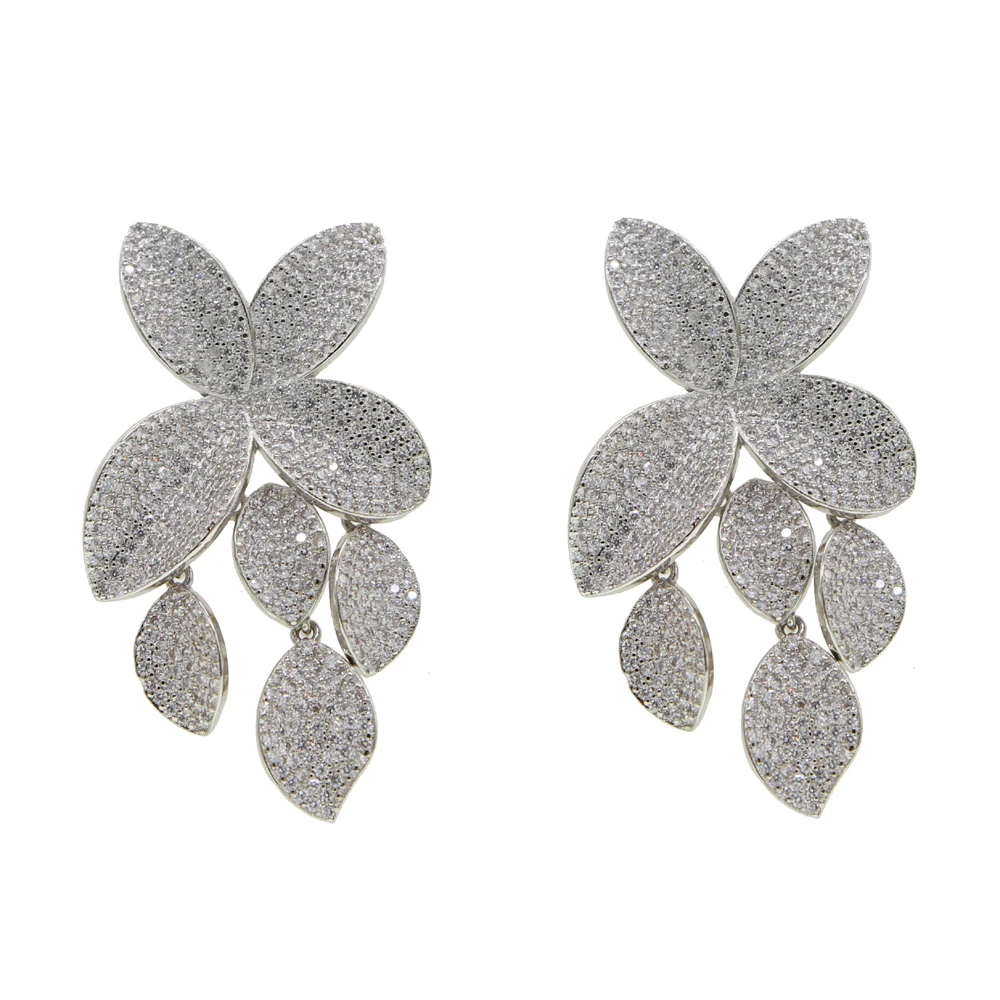 2024 Summer New Fashion Luxury Iced Out Bling Sparking Cz Big Flower Leaf Dangle Earrings For Women High Quality Wedding Jewelry