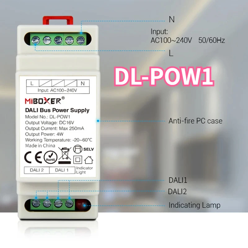 Miboxer DL-POW1 DALI Bus Power Supply (DIN Rail) DC16V 4W Max250mA LED Transformer For AC 110V 220V DALI RGB CCT Led Downlight