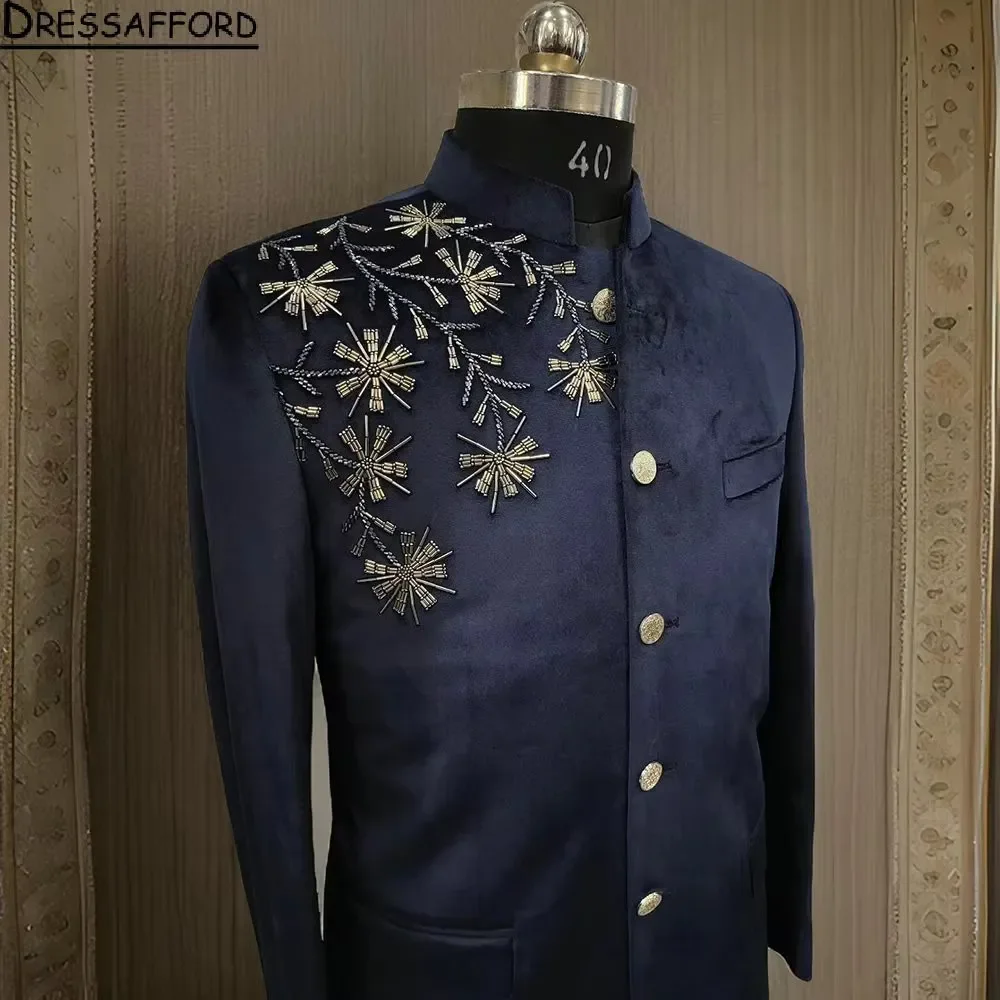 Navy Blue Beading Crystal Men Suits Groom Wedding Tuxedos 2 Pieces Sets Dinner Prom Blazers Terno Masculino Completo