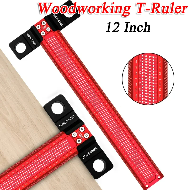 

1pc 12 Inch Aluminum Alloy Woodworking T-Ruler Precision Hole Crossed-out Line Drawing Marking Gauge Carpentry Tools Accessories