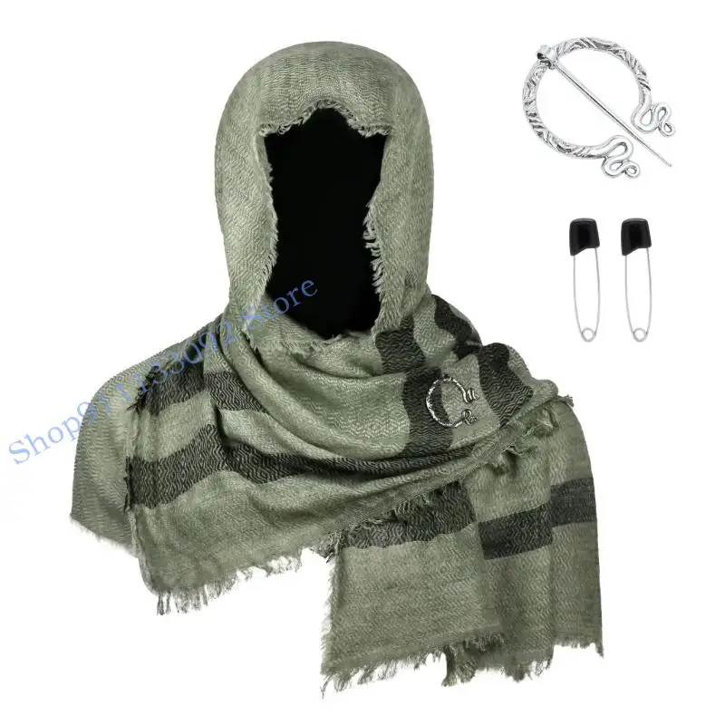 H9ED Medieval Scarf Cowl Hooded Cloak with Brooch Renaissances Costume Post Apocalyptic Shawl Scarf Sash Cowl