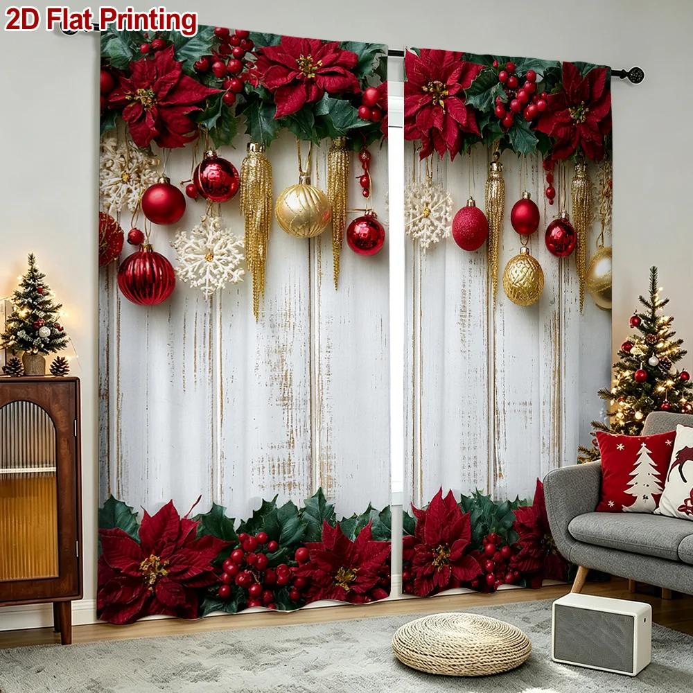 2PCS Christmas Winter Curtains, Poinsettia Berry Christmas Ornament, Digital Print, Bedroom Living Room, Rod Pocket, Home Decor