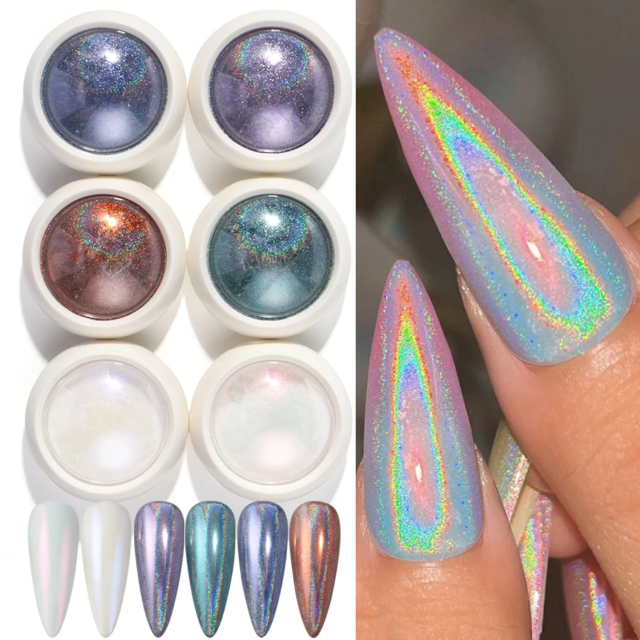 6 stücke Holographische Chrom Nagel Pulver Glitter Aurora Rosa Blau Lila Holochrome Nagel Pigment Metallic Spiegel Nail art Dekorationen