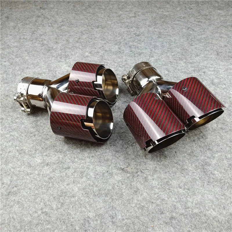 1 Pair Left And Right Y Model Red Carbon Fiber Exhaust Pipe Muffler Tailpipe 304 Stainless Steel Rear Nozzles