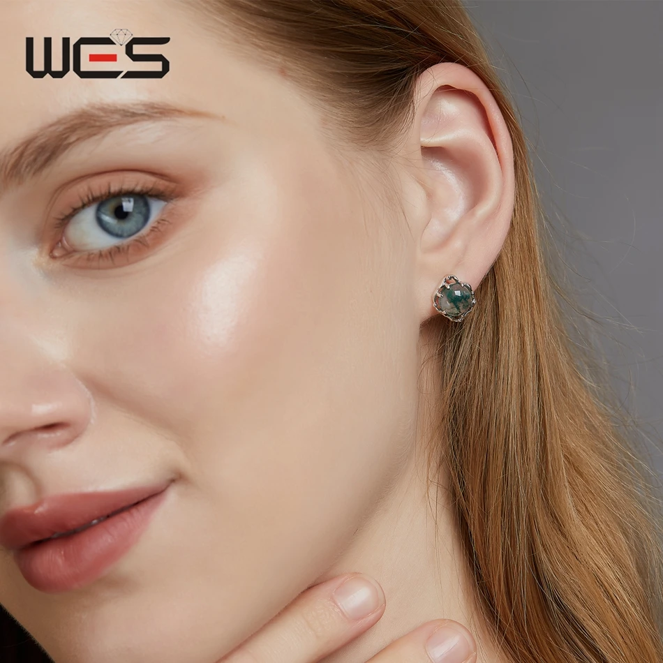 WES 925 فضة قطع مستديرة الحجر الطبيعي 8*8 مللي متر الطحلب العقيق وأقراط للمرأة جوهرة المشاركة هدية مجوهرات بالجملة #5