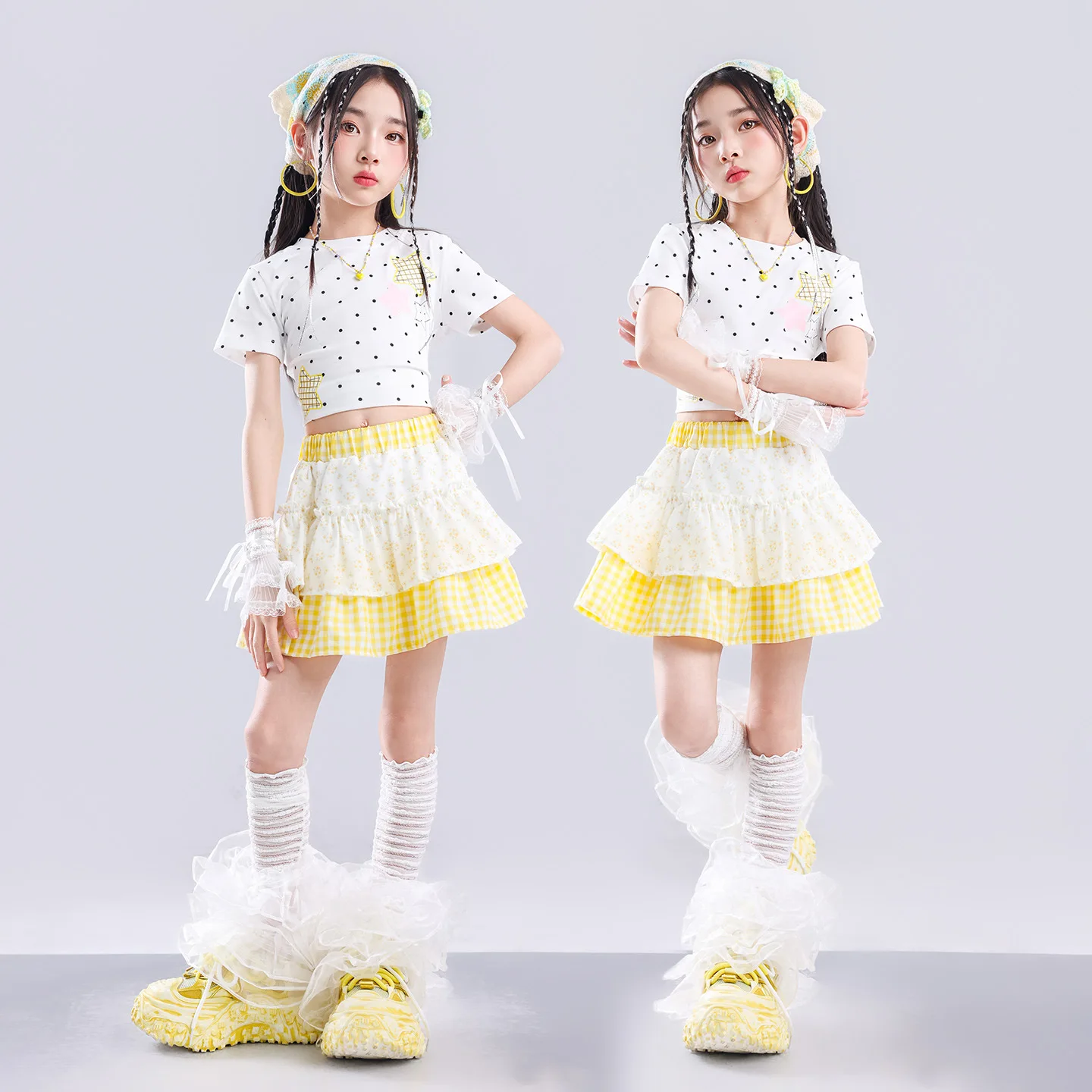 Girls Polka Dot Star White tops Yellow Spray Dye Pants Set Kids Hip Hop Kpop Jazz Street Dance Costume Girl Group Stage Outfit