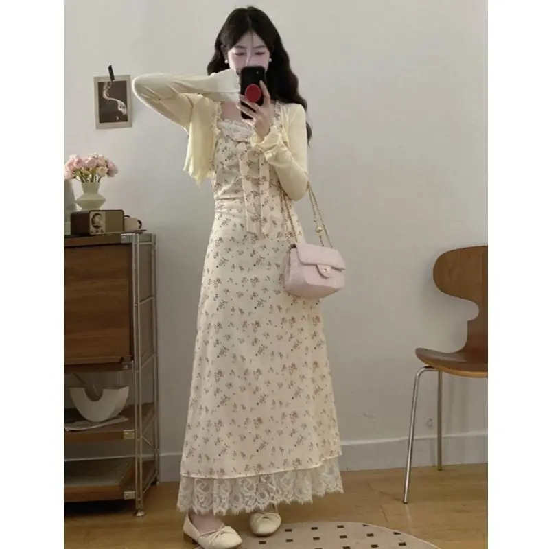 French Apricot Sweet And Fresh Floral Suspender Dress 2026 Spring And Summer New Top Cardigan Two-piece Set Skirt