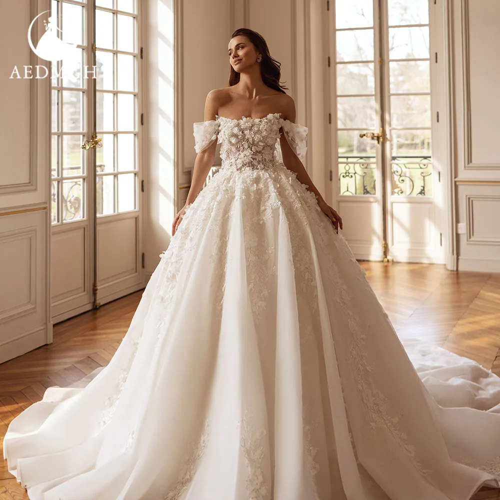 

Aedmgh Нежные свадебные платья трапециевидной формы с открытыми плечами, Vestido De Novia, расшитые бисером и 3D цветами, свадебные платья на заказ