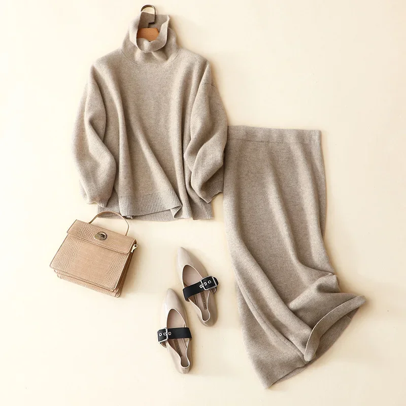 aliaga luxury winter thick 100% cashmere warm turtleneck sweater plus elegant shirt 2 piece set