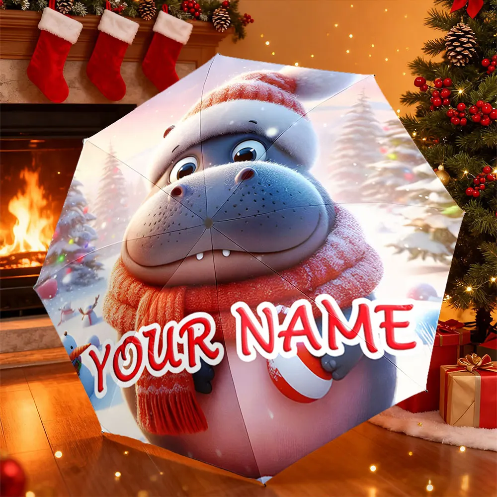 Custom Name Umbrella， Cute Hippo in Santa Hat with Snowy Christmas Background ,Portable Folding Umbrella, Christmas Gift