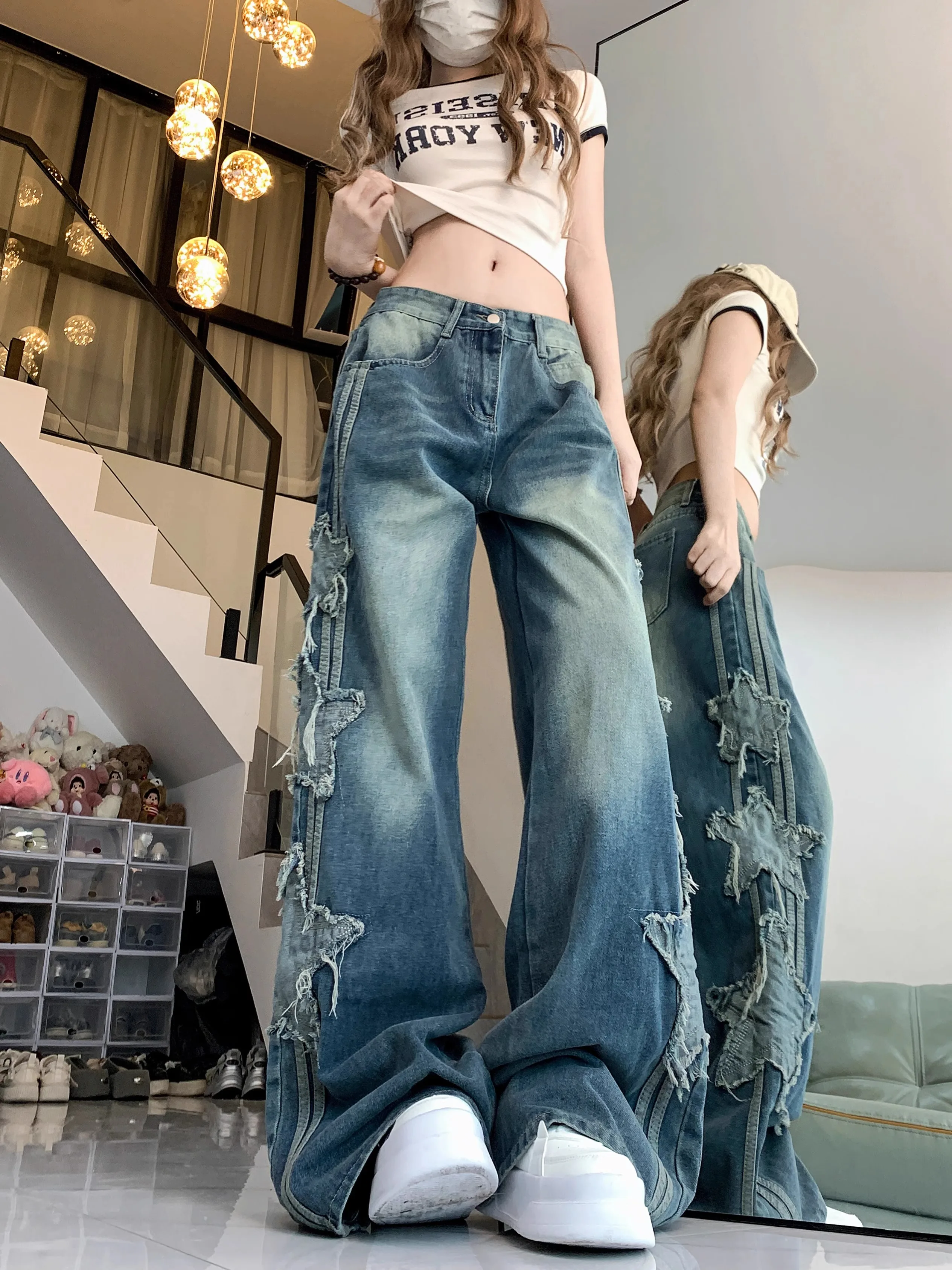 Wanita Vintage 90s estetika tinggi pinggang bintang Jeans Fashion Denim celana Korea lebar kaki koboi Y2K celana pakaian Trashy