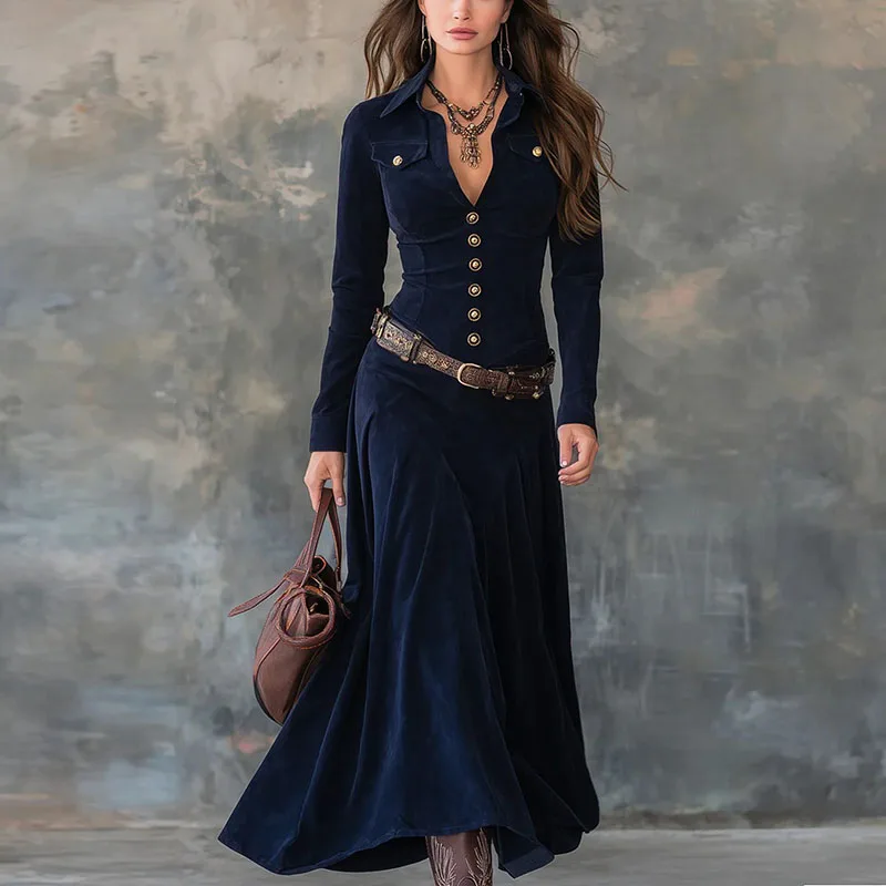 Fall Sexy Turn-down Collar Button Long Dress Woman Casual Solid High Waist Velvet Party Dress Winter Long Sleeve Slim Boho Dress