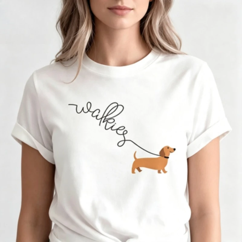 Pet Owner Women Cotton T Shirt Minimal Walkies Text Leash Dachshund Graphic Lovely Sausage Dog Casual Loose Fit Crew Neck Tops