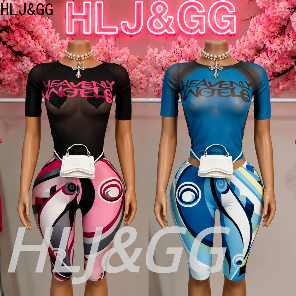 HLJ&GG Y2K Fashion Mesh See Though Letter Tshirts Two Piece Sets Women Round Neck Slim Crop Top And Shorts Outfits Streetwear