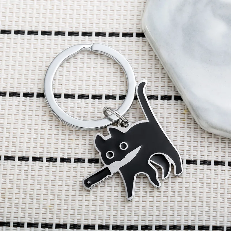 New Cute Cat Keychain Titanium Steel Kpop Funny Black Lighting Cat Key Pendant Backpack Car Key Ring Jewelry Decoration