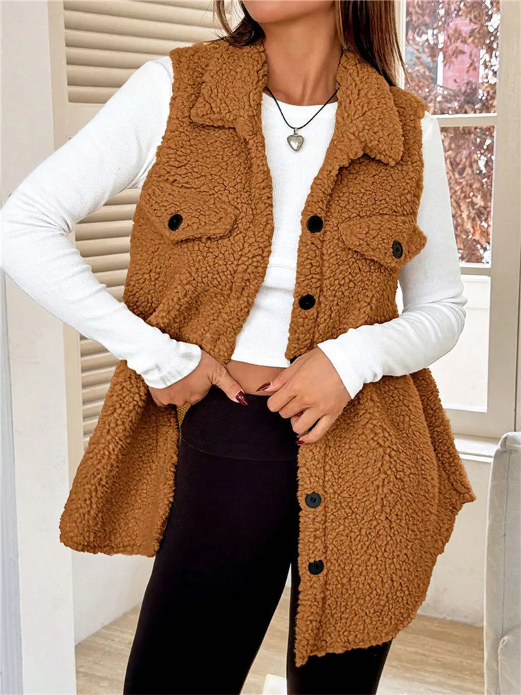 

Women Winter Teddy Fleece Vest Faux Lamb Sleeveless cardigan Lady Vintage Lapel Fluffy Sherpa Sweater