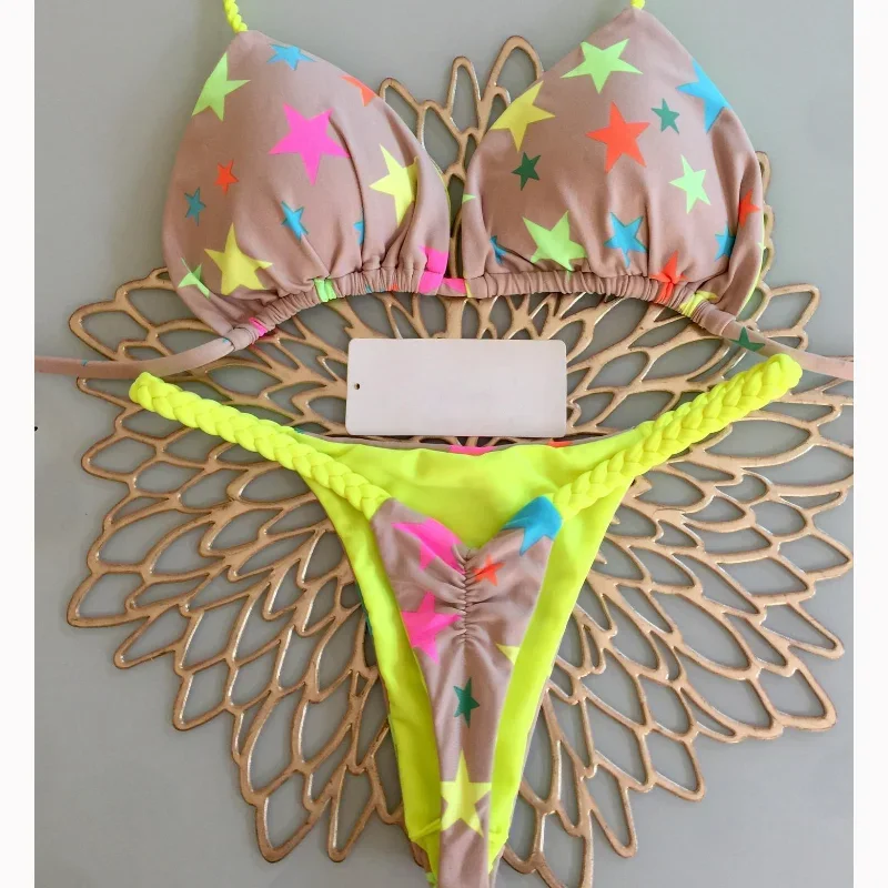 Star Print Biquíni Set para Mulheres, maiô brasileiro, maiô, Sexy Beachwear, 2 peças de banho, 2023