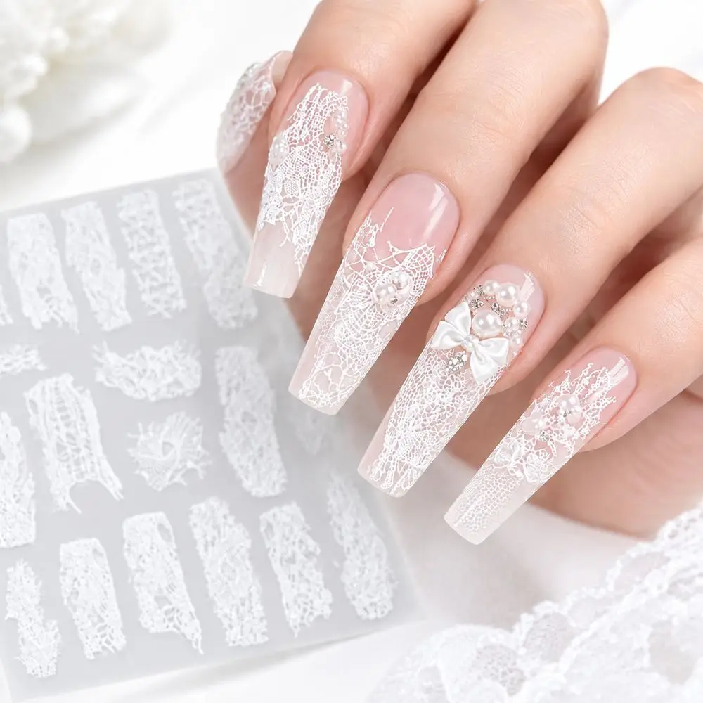 INS Trendy White Lace Nail Stickers 5D Embossed Self Adhesive Decals Influencer Style Nail Art Decorations for Women Party Daily