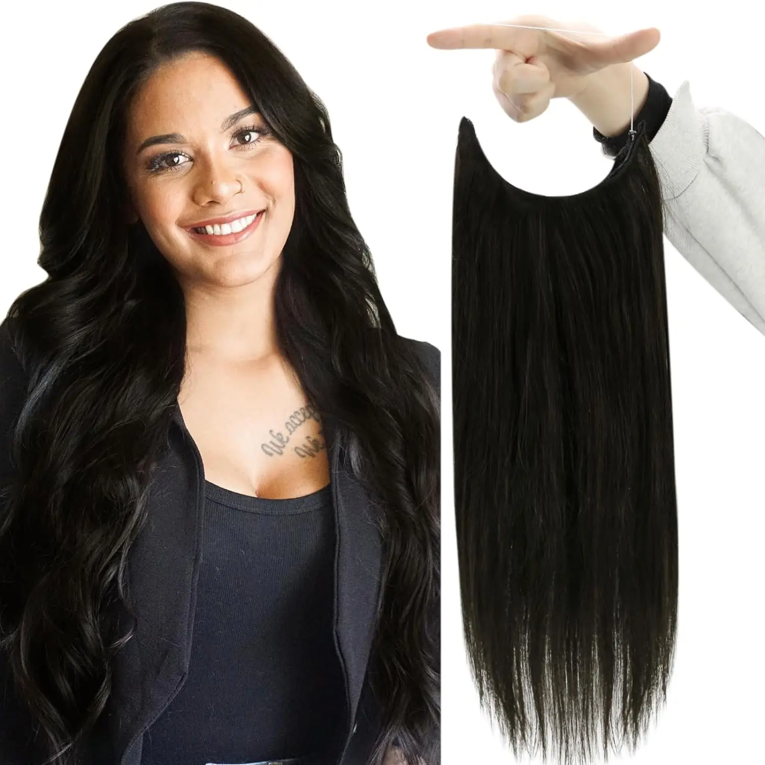 Fish Line 100 Human Hair Extension Piece Hair Blonde Remy Straight Hair Fishing Wire with 3 Clips Invisible Wire Hair Extension