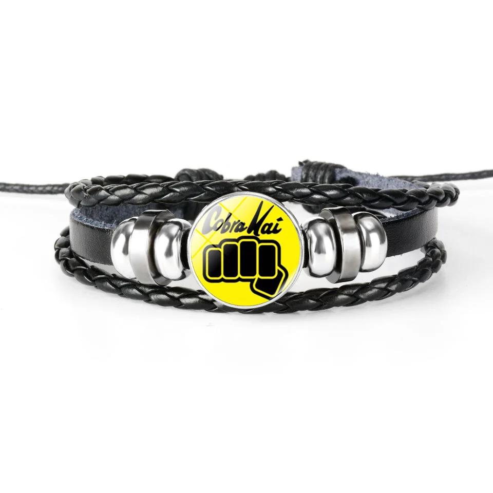 Animation Cobra Kai Leather Bracelet Karate Movie Glass Snap Buckle Jewelry Multilayer Retro Handwoven Bracelet Men Cosplay Gift