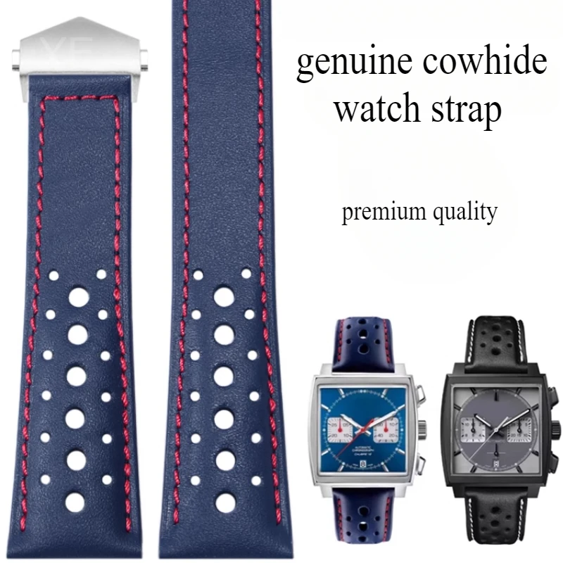 Grande buraco estilo respirável atualização pulseira de relógio para tag heuer carrera heritage monaco série macio genuíno couro pulseira 22mm