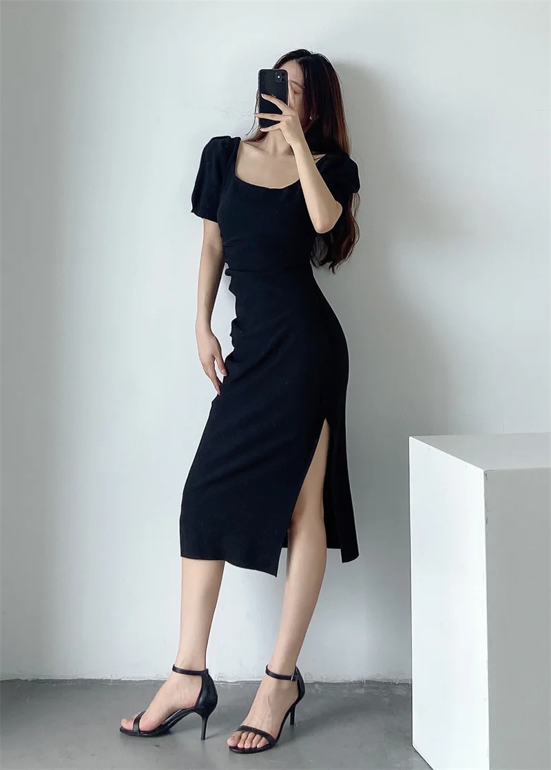 Ele Vintage Long Slim Fit Bubble Sve مثير سبليت Dr ساحة طوق Bodycon Dr Street Sle عالية الخصر ort S...