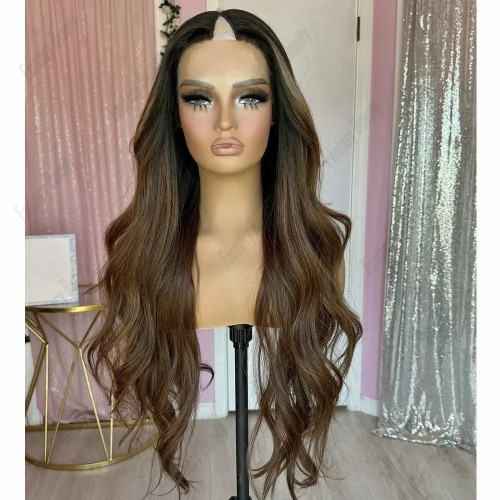 

1*4size V Part Wig 100% Remy Human Hair Slightly Curly Brown Ombre Glueless Full Machine Made With Clips U Shaped Wigs for Women