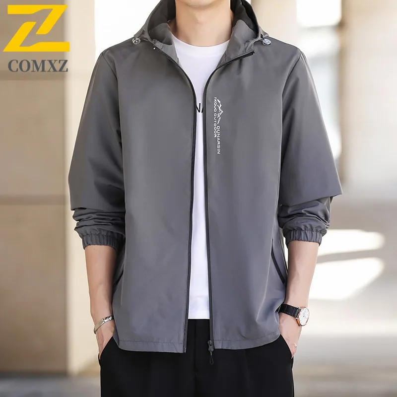 COMXZ 2025 Mens Mountain Hooded Jacket Youth Casual Windbreaker Coat Outdoor Waterproof Outerwear