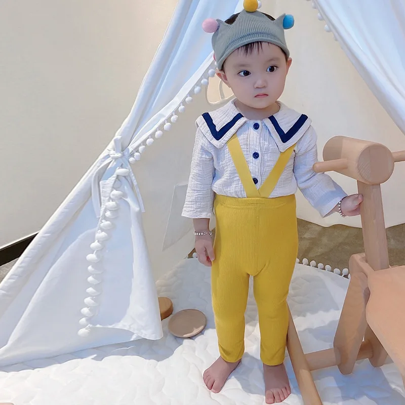 Infant High Waist Belly Support Suspender Pants Spring Autumn 9/10 Length Baby Leggings Newborn Soft Bottoms