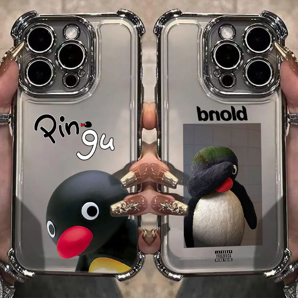 Cartoon Pingu Penguin Plating Case For Samsung S25 S24 S23 S22 S21 S20 FE Note20 Plus Ultra 4G 5G Anti Fall Airbag Back Cover