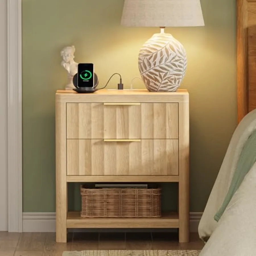 27.6 Inch Tall Night Stand with Charger Station USB-C Port Fluted Nightstand with 2 Deep Drawers Larger Wider Bed Side Table wi